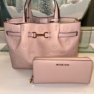 Michael Kors Pale Pink Embossed Leather Tote with Zip Wallet Set